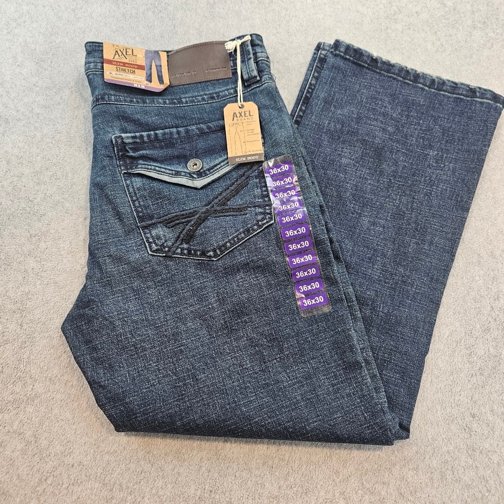 Axel Brand Mens Slim Boot Stretch Jeans Dark Wash Blue Denim 36x30 NWT
